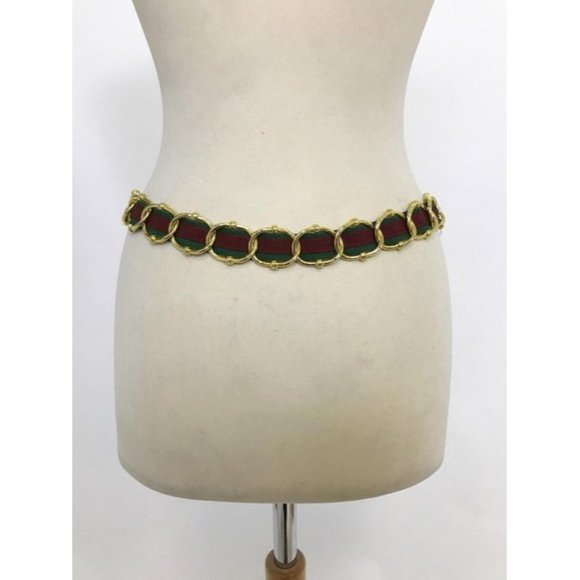 LINEA Red Green Stripe Chain & Leather Sherry Belt - Picture 2 of 7
